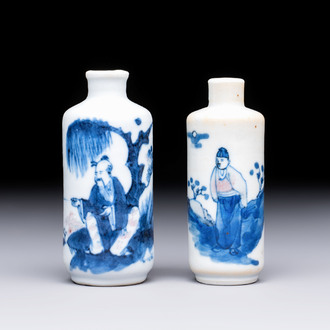 Two Chinese blue, white and copper-red snuff bottles with figural design, 19th C.