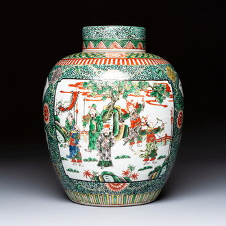 A Chinese famille verte jar and cover with narrative design, 19th C.