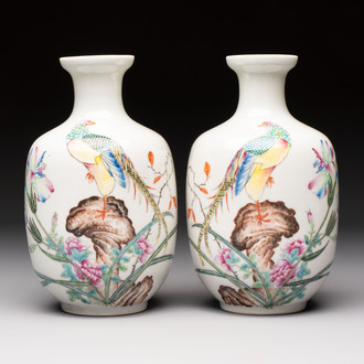 A pair of Chinese famille rose 'Pheasant' vases, Qianlong marks, Republic