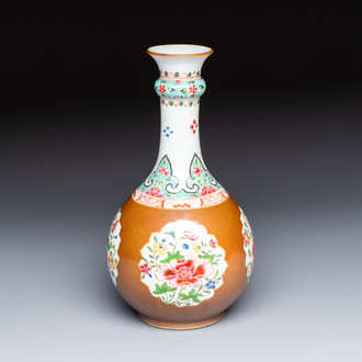 A Chinese famille rose capucine-ground vase with floral design, Yongzheng/Qianlong