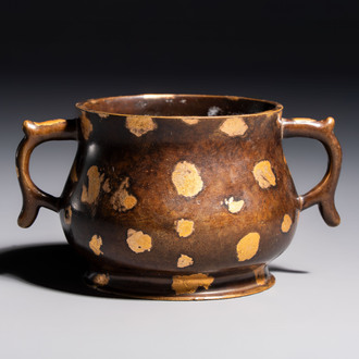 A Chinese gold-splashed bronze censer with two handles, Xuande mark, 18th C.