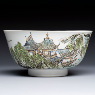 A Chinese qianjiang cai 'Pavilions and Willows' bowl, Republic