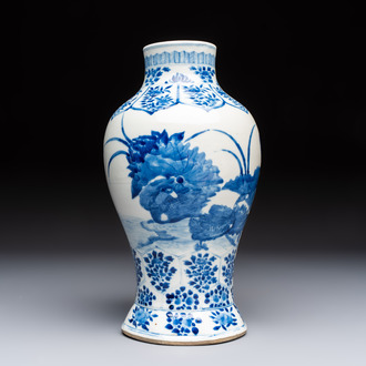 A Chinese blue and white 'Ducks in a Lotus Pond' vase, Kangxi mark, 19th C.