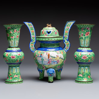 A Chinese Canton enamel green-ground three-piece altar set, 19th C.