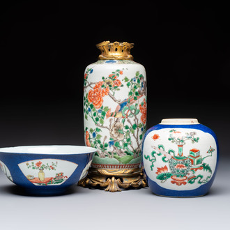 A gilt-bronze-mounted Chinese famille verte vase, a powder-blue-ground bowl and a jar, 19th C.