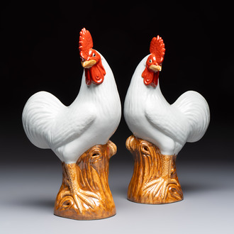 A pair of Chinese polychrome-glazed roosters, 20th C.