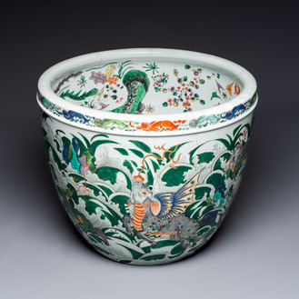 A fine famille verte-style 'Mythical Beasts and Fish' scroll pot or jardinière, Samson, Paris, 19th C.