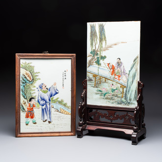 Two Chinese famille rose 'Li Bai 李白' and 'Zhou Dunyi 周敦頤' plaques, one after Wang Dafan 王大凡 and dated 1927, 20th C.