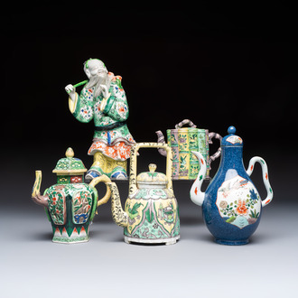 Three famille verte-style and verte biscuit-style teapots, a wine pot and a model of Dongfang Shuo, Samson, Paris, Ding mark, 19th C.