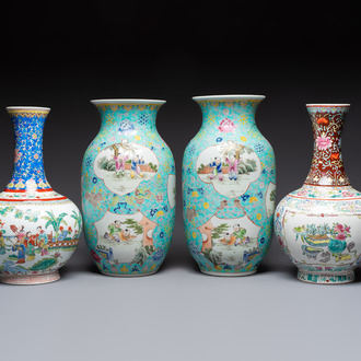 A pair of Chinese famille rose 'Playing Boys' vases, an 'Antiquities' vase and a vase with narrative design, Qianlong marks, 20th C.