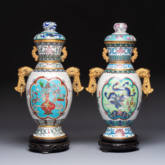 Two Chinese cloisonné vases on wooden stands, 20th C.
