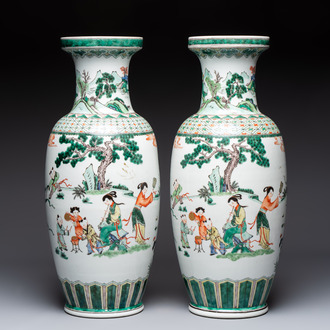 A pair of Chinese famille verte 'Elegant Beauties and Playing Boys' vases, 20th C.