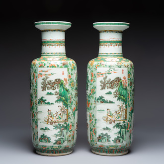 An impressive and fine pair of large Chinese famille verte 'Fishermen and Antiquities' rouleau vases, seal marks, Kangxi