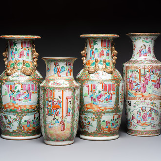Four Chinese Canton famille rose vases with narrative design, 19th C.