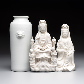 Two Chinese Dehua blanc de Chine groups of Guanyin and a vase with lion-head handles, 18th C. and later