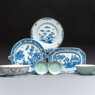 Seven Chinese blue and white, famille rose, and celadon wares, 18/19th C.