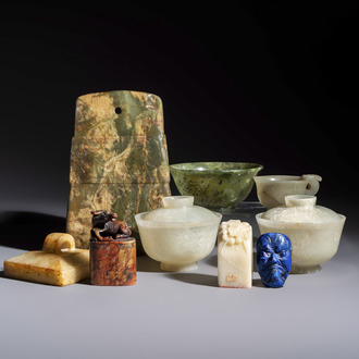 Nine Chinese hardstone carvings and bowls, including jade, 19/20th C.