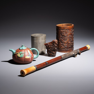 A Chinese enamelled Yixing stoneware teapot, a pewter container, a horn cup, a bamboo brush pot, and an opium pipe, Wan Shun 萬順 mark, 19/20th C.