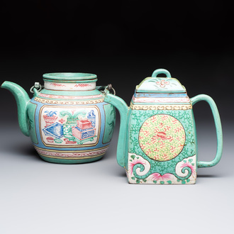 Two Chinese enamelled Yixing stoneware teapots, 19th C.