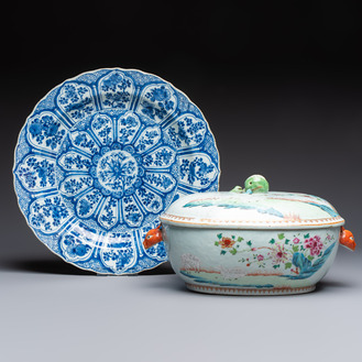 A Chinese famille rose covered 'Goats' tureen and a blue and white 'Floral' dish, Kangxi/Qianlong