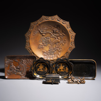 Five Japanese and Japonism bronze wares and three pieces of lacquer ware, 19/20th C.