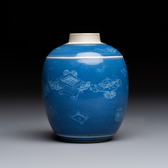 A Chinese blue-glazed 'Antiquities' jar with incised design, Kangxi
