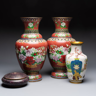 Three Chinese cloisonné vases and a covered box, 20th C.