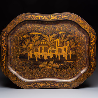 A large Chinese Canton gilt-decorated black lacquer tray with narrative design, 19th C.