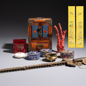 A group of eleven Chinese decorative objects, including bronze, cloisonné, wood, and silk, 20th C.