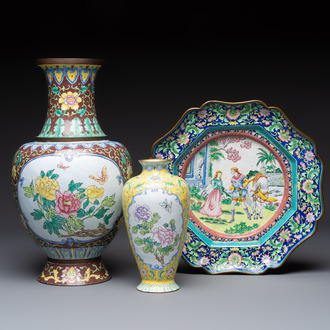 Two Chinese Canton enamel vases and a 'European Subject' dish, 20th C.