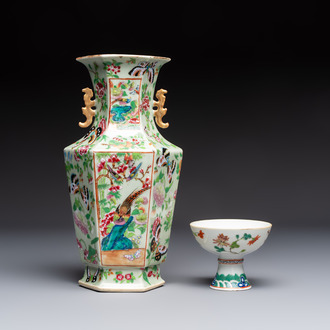 A Chinese famille rose celadon-ground hexagonal vase and a famille rose stem bowl, 19th C.