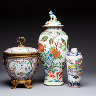 A gilt-bronze mounted famille rose-style covered bowl and two vases, one with cover, Samson, Paris, 19th C.