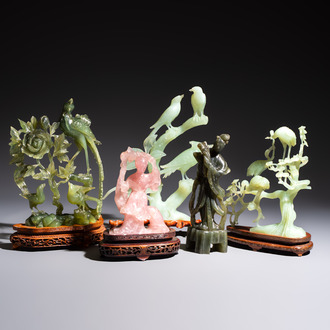 Five Chinese hardstone carvings, four with wooden stands, 20th C.