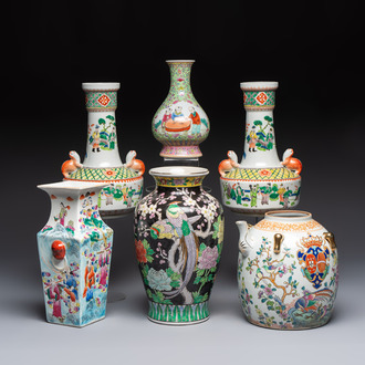 Five Chinese famille rose and verte vases and an armorial ewer, various marks, 20th C.