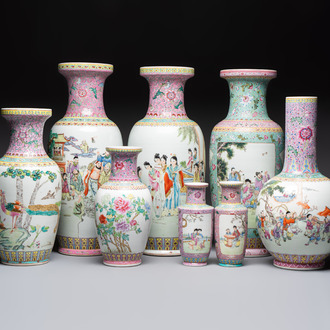 Eight Chinese famille rose vases, Qianlong and Jing De Zhen 景德鎮 marks, 20th C.