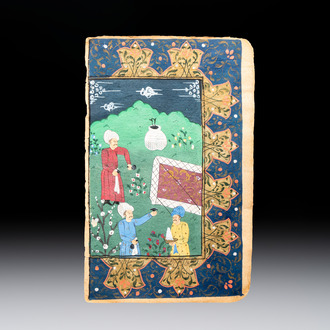 Persian school: a miniature painting of figures in a garden, ink and colour on paper, 19th C.