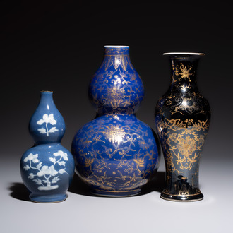 Three Chinese monochrome-glazed vases, Kangxi mark, 19/20th C.
