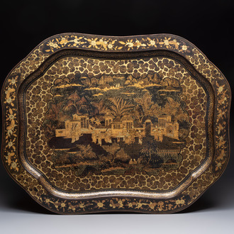 A large Chinese Canton gilt-decorated black lacquer tray with narrative design, 19th C.