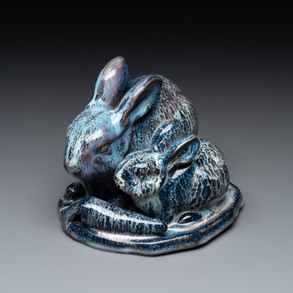 A Chinese Shiwan flambé 'Rabbits' group, Cao Wenxuan 曹文選 and Jing De Zhen Zhi 景德鎮制 seal marks, 1st half 20th C.