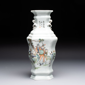 A Chinese qianjiang cai 'Wu Zi Deng Ke 五子登科' hexagonal vase, sigend Xian Cha 仙槎, dated 1915