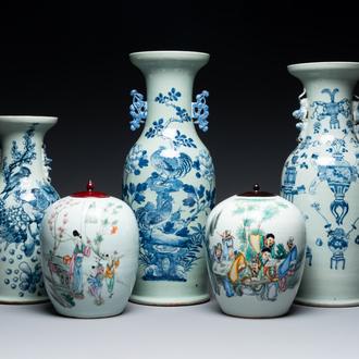 Three Chinese blue and white celadon-ground vases and two famille rose jars, 19/20th C.