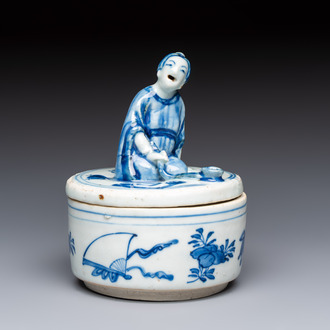 A rare Japanese blue and white 'Pipe Smoker' incense burner and cover, Edo, 17th C.