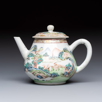A Chinese famille rose 'Mountainous Landscape' teapot and cover, Yongzheng