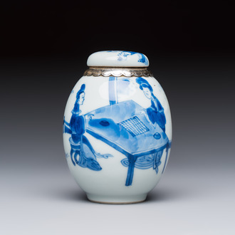 A silver-mounted Chinese blue and white tea caddy and cover, artemisia leaf mark, Kangxi