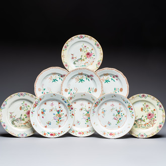 Nine Chinese famille rose plates with floral design, Qianlong
