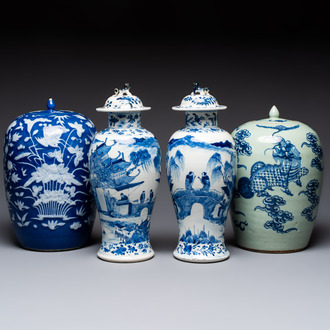 A pair of Chinese blue and white covered vases and two covered jars, Kangxi mark, 19th C