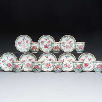 Eight sets of Chinese famille rose cups and saucers with floral design, Qianlong
