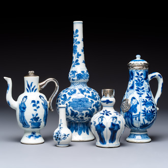 Five Chinese blue and white wares, three silver-mounted, Kangxi