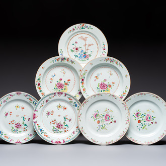 Seven Chinese famille rose plates with floral design, Qianlong