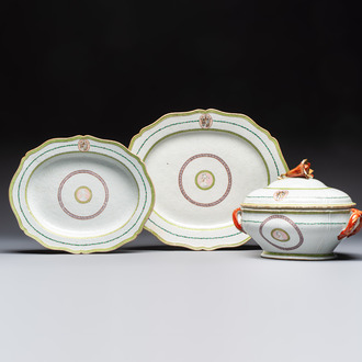A Chinese famille rose serving dish, a covered tureen and stand with the arms of Peter van Hemert for the Danish market, Qianlong, ca. 1780